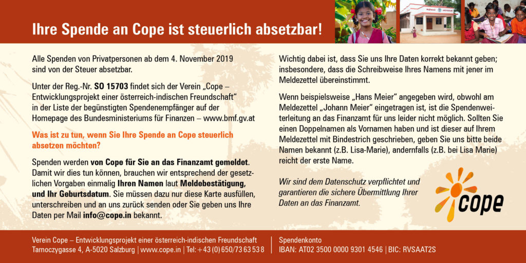 Spenden an Cope sind steuerlich absetzbar!