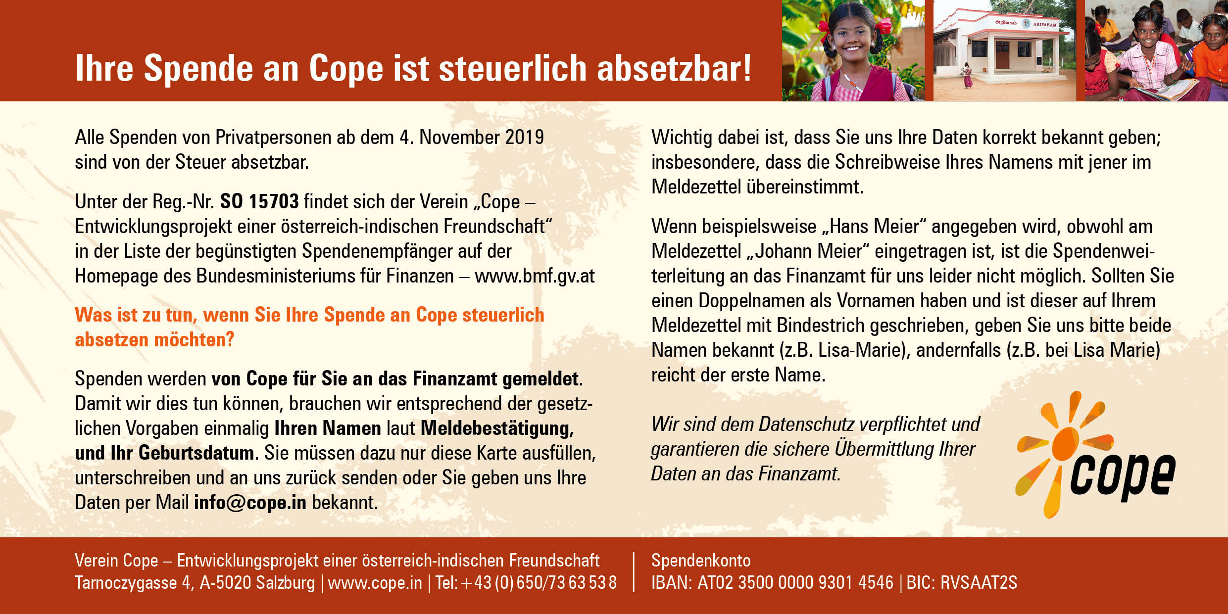 Spenden An Cope Sind Steuerlich Absetzbar!